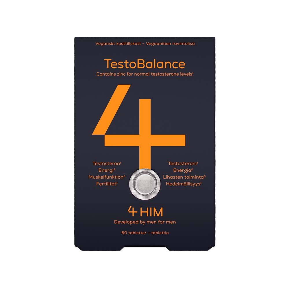 Framsidan av 4Him TestoBalance 60 tabletter med svart bakgrund och orange text